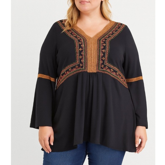 ABSOLUTELY FAMOUS Women's Embroidered Front Lace-Neck Top SZ 2X blouse top BoHo - Picture 1 of 10